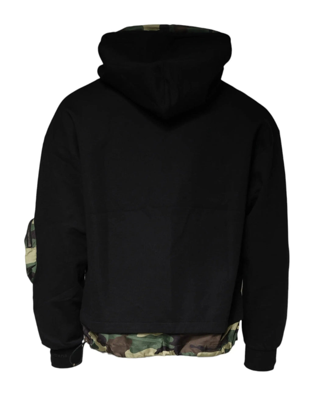 Dolce & gabbana black cotton hoodie with camouflage panels on lower hem and left sleeve