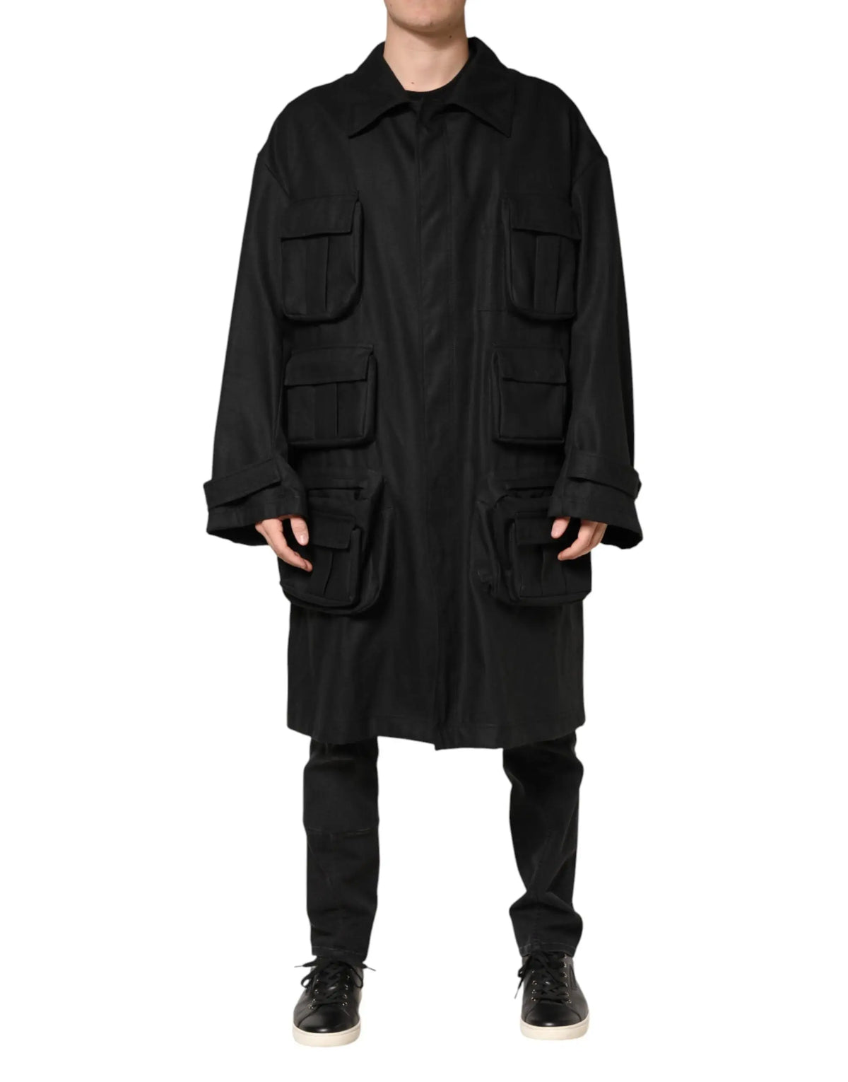 Manteau trench coat oversize noir dolce & gabbana avec poches plaquées multiples et manches retroussées