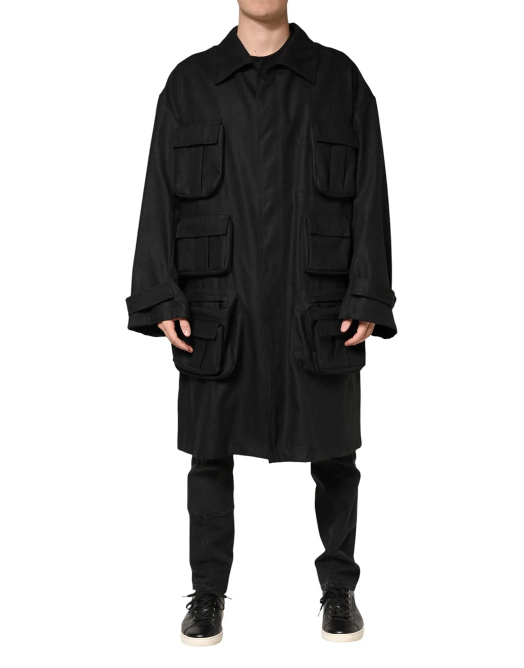 Dolce & Gabbana trench coat noir oversized avec col, poches multiples et manches retroussées en tissu épais