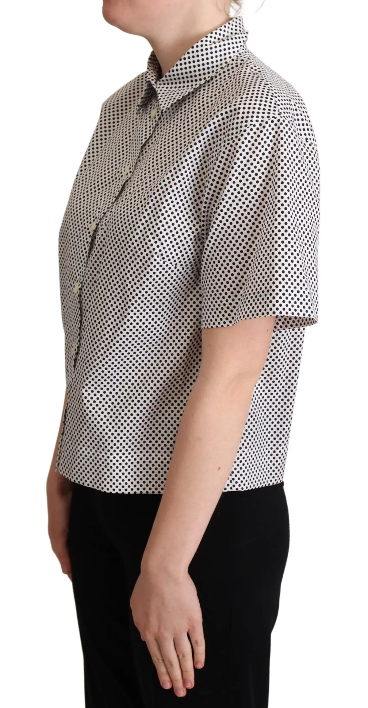 Chemise courte à manches courtes dolce & gabbana noire à pois blancs en tissu léger à col boutonné
