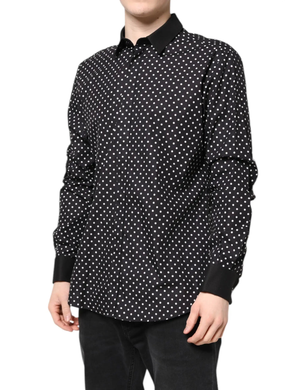 Chemise habillée noire à pois blancs en coton avec col et poignets noirs contrastants dolce & gabbana