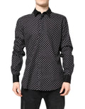 Chemise formelle noire dolce gabbana à manches longues en coton avec boutons blancs et pois blancs manches noires