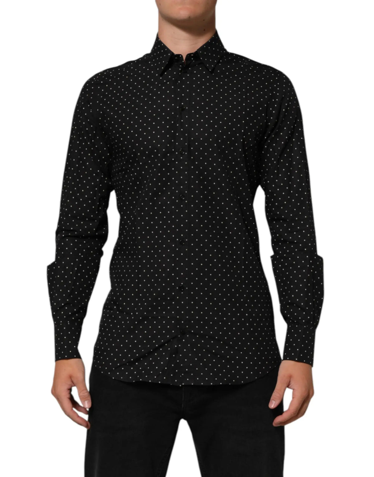 Chemise noire à manches longues dolce & gabbana en coton à petits pois blancs pour homme usage formel