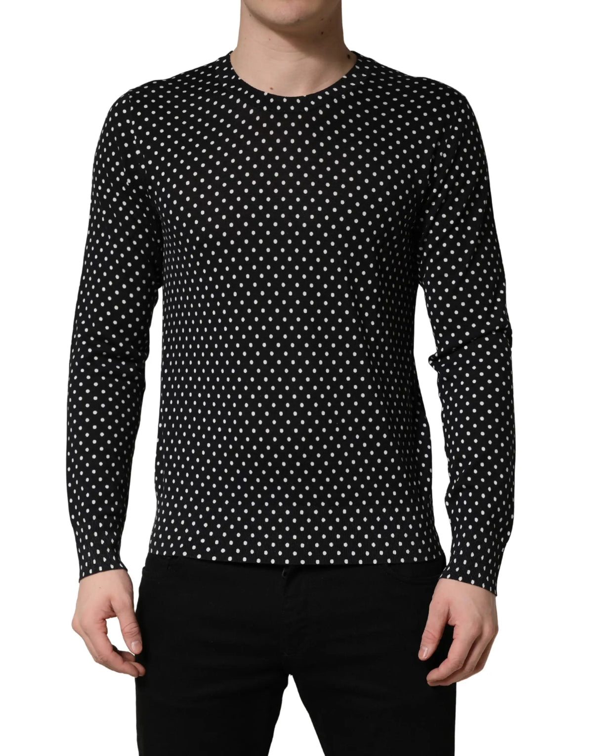 Dolce & Gabbana pull noir à pois blancs subtils en coton à col rond manches longues