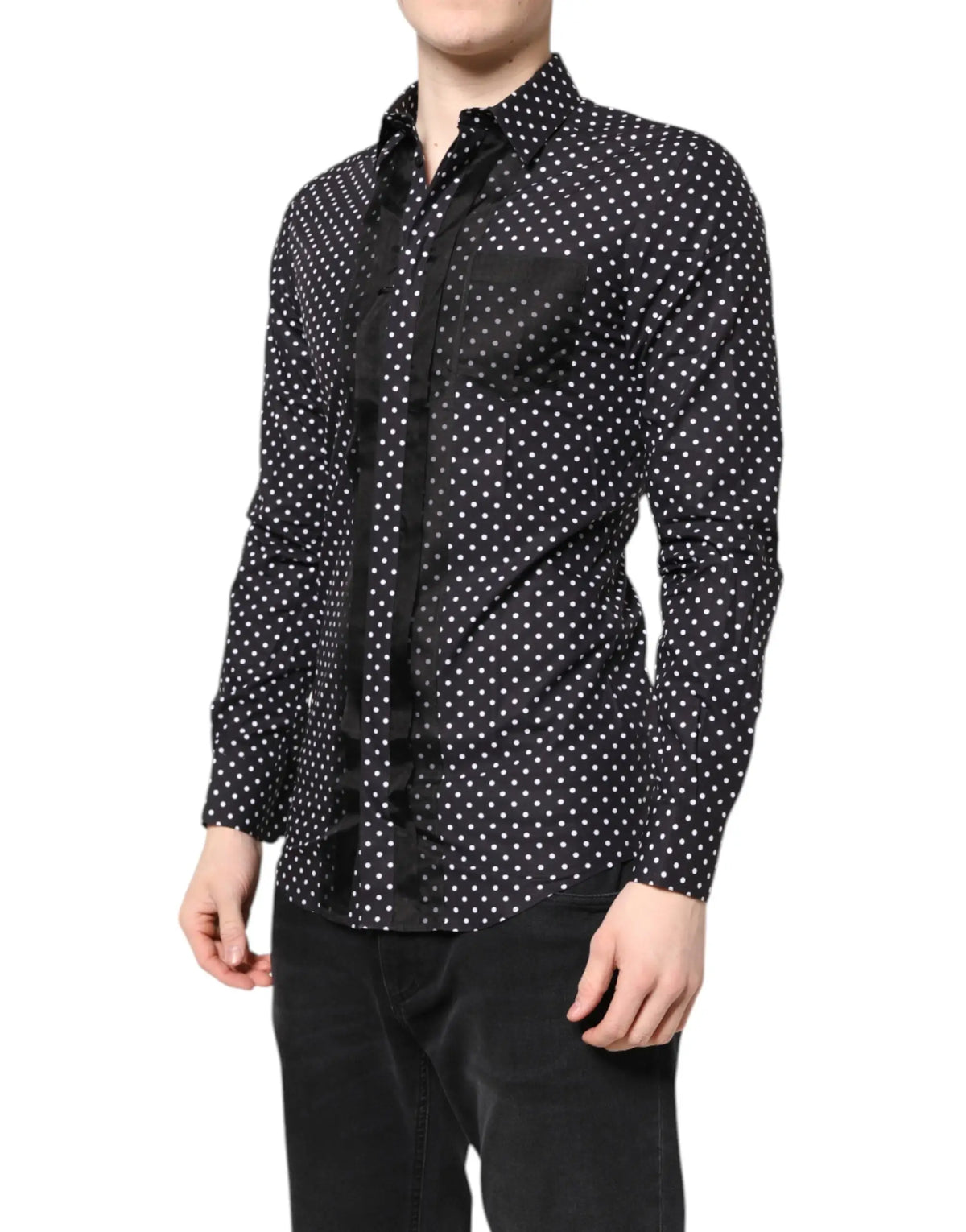 Dolce & gabbana chemise formelle noire à pois blancs manches longues avec patte de boutonnage en satin noir