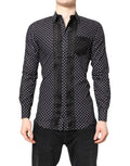 Chemise noire à pois blancs dolce gabbana manches longues boutonnée avec plastron en satin noir formel