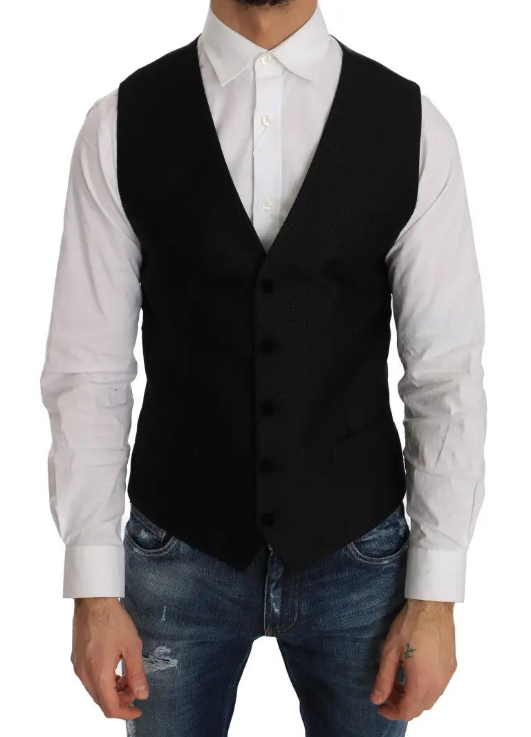 Dolce & gabbana gilet noir en satin à motifs pois avec coupe ajustée et fermeture cinq boutons