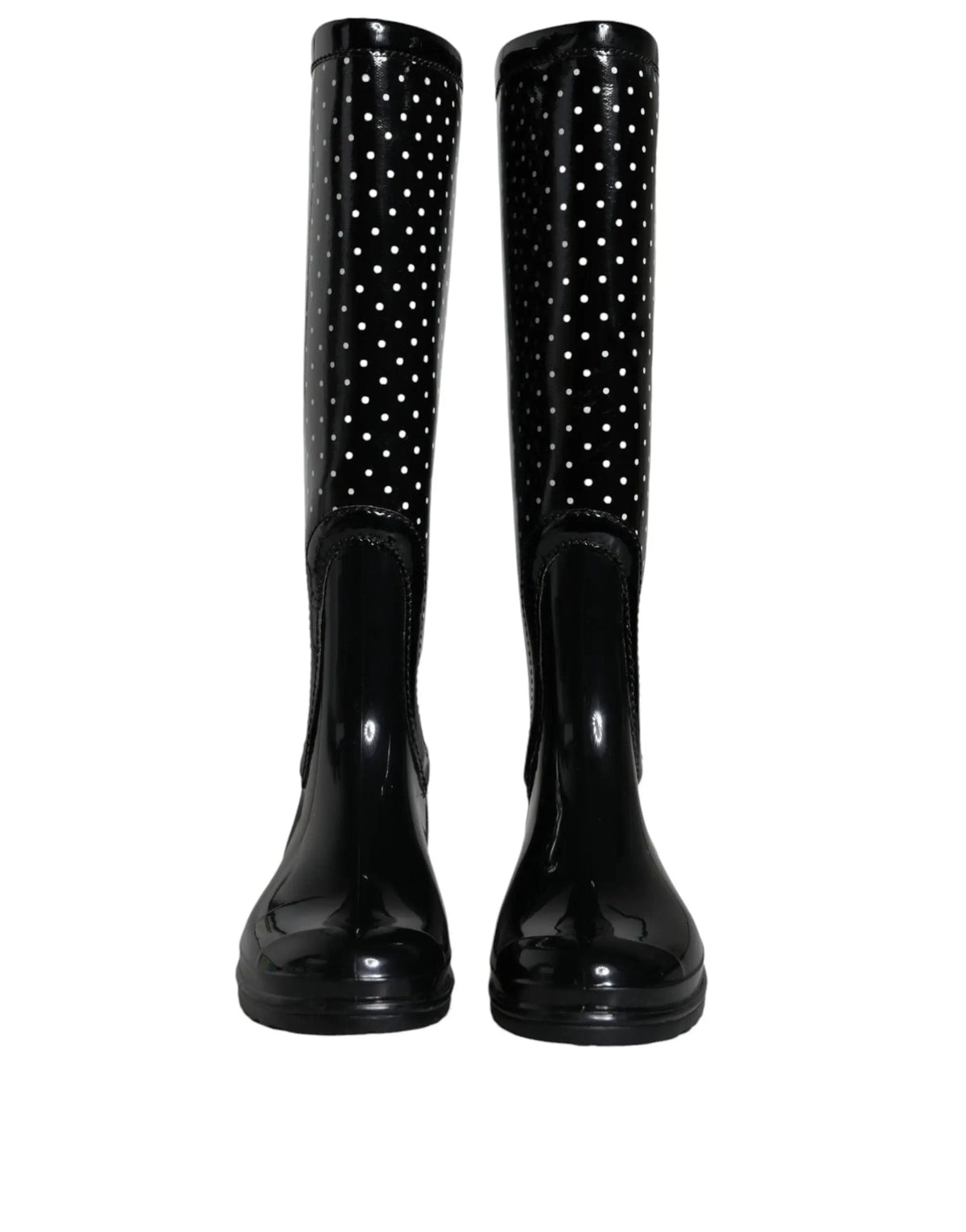 Bottes en caoutchouc noires à pois blancs dolce & gabbana hauteur genou en cuir verni pour la pluie