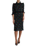 Robe mi-longue en coton dolce & gabbana noire à pois colorés avec col à volants et manches trois-quarts