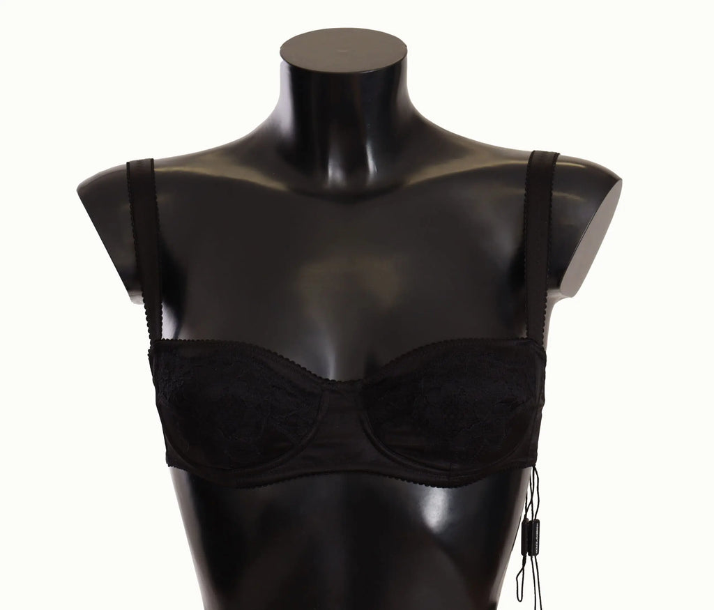Dolce & gabbana balconette noir en satin et dentelle avec pois fins et bretelles fines délicates