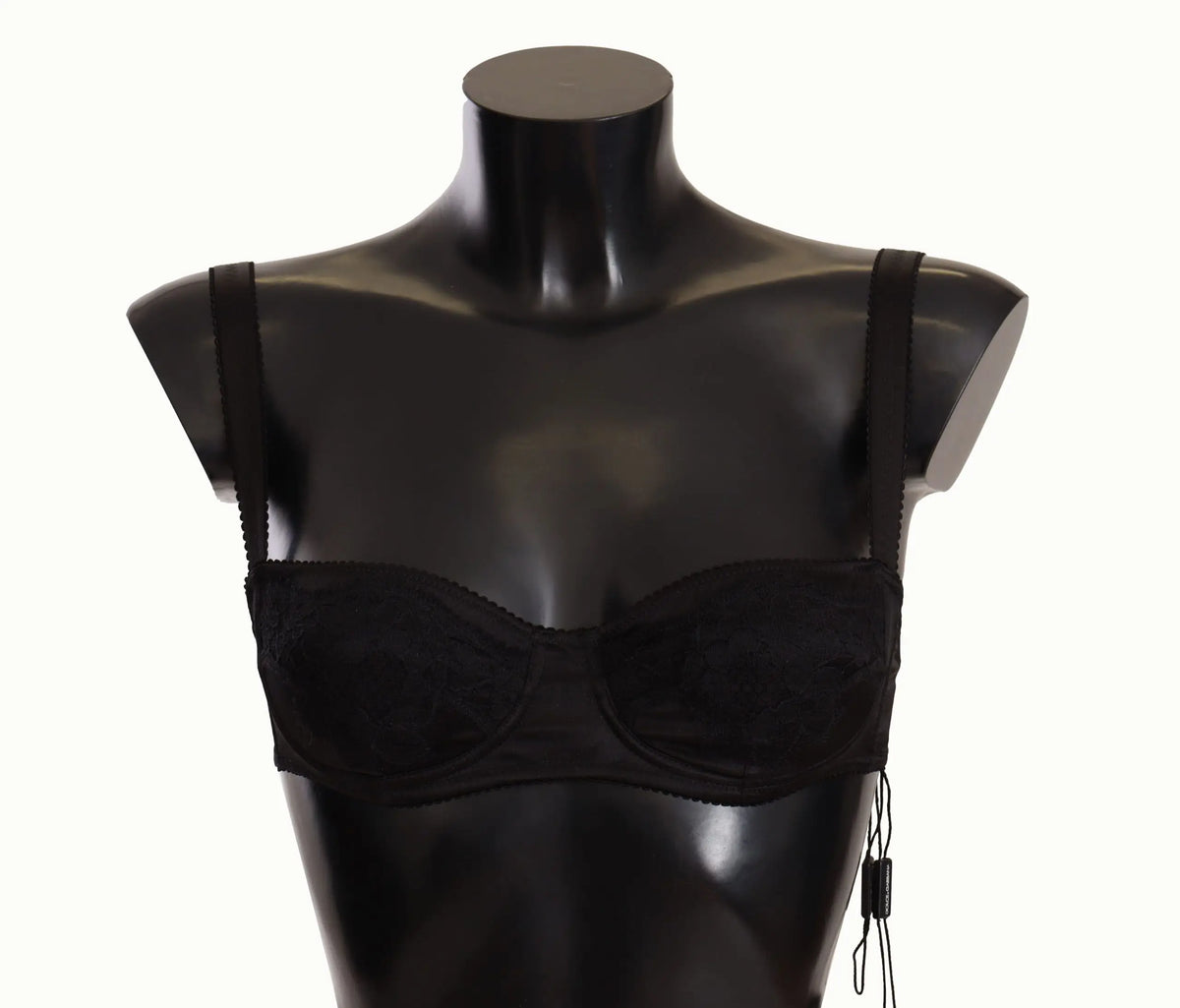 Dolce & gabbana balconette noir en satin et dentelle avec pois fins et bretelles fines délicates