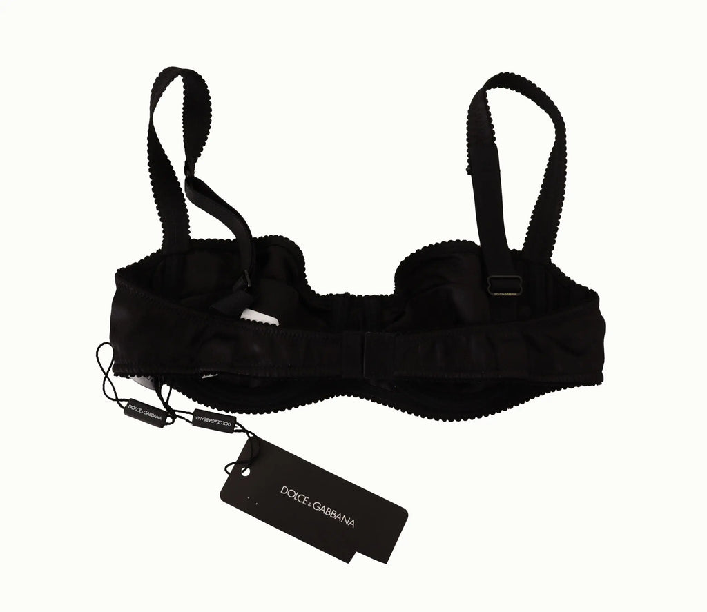 Dolce gabbana soutien-gorge balconnet noir en satin à pois avec dentelle et bretelles réglables en tissu côtelé