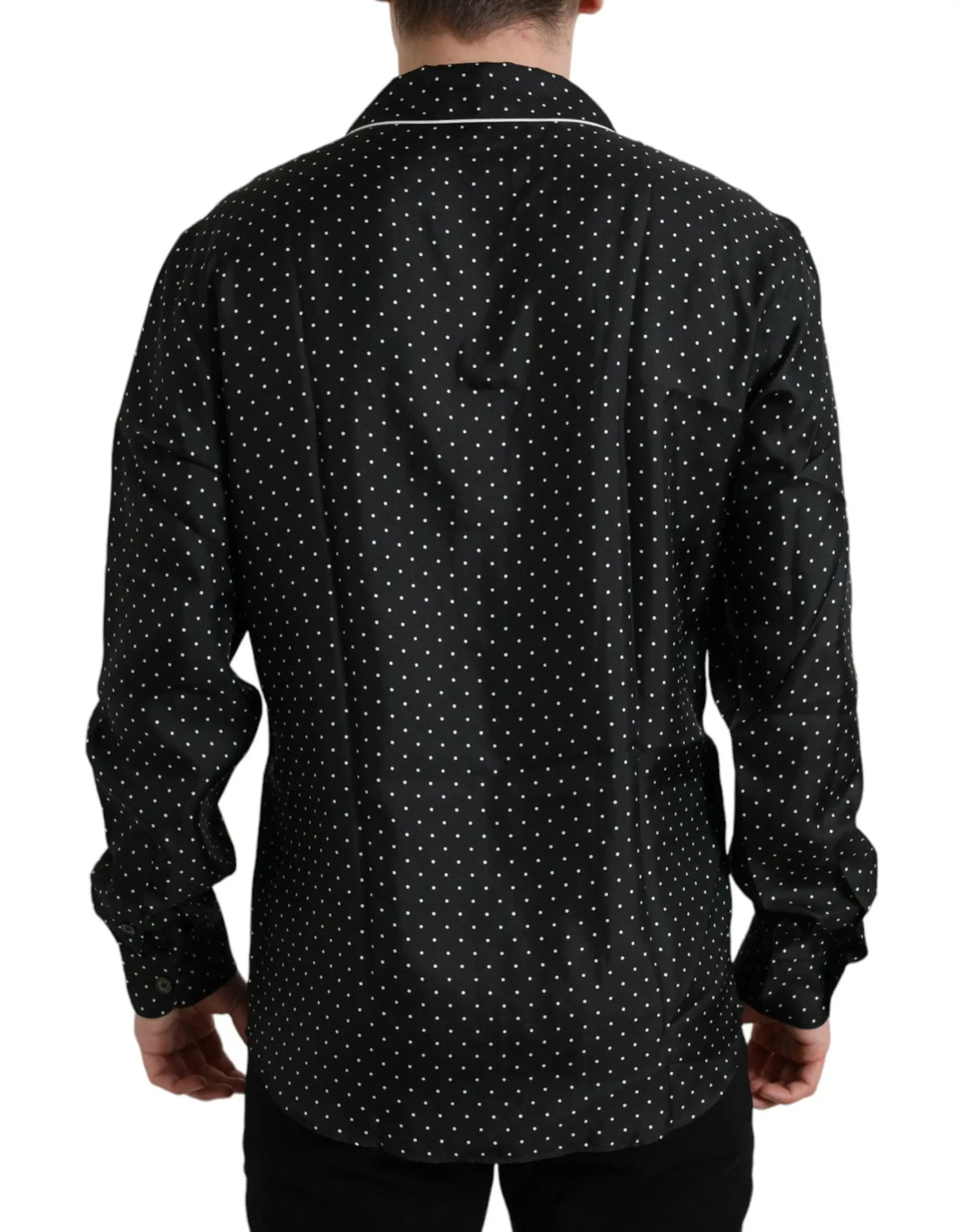 Chemise noire à manches longues dolce & gabbana en soie avec motif à pois blanc subtil et col contrastant blanc
