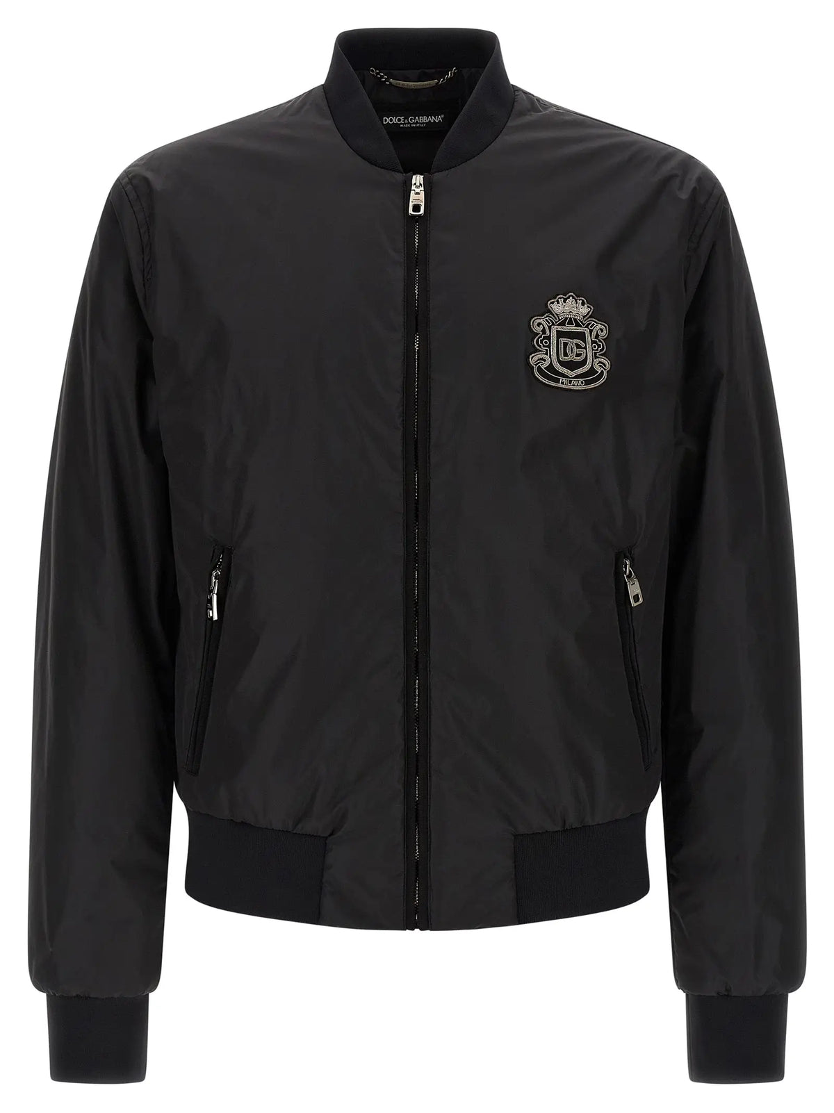 Dolce & Gabbana bomber noir en polyamide avec écusson brodé argenté sur la poitrine gauche