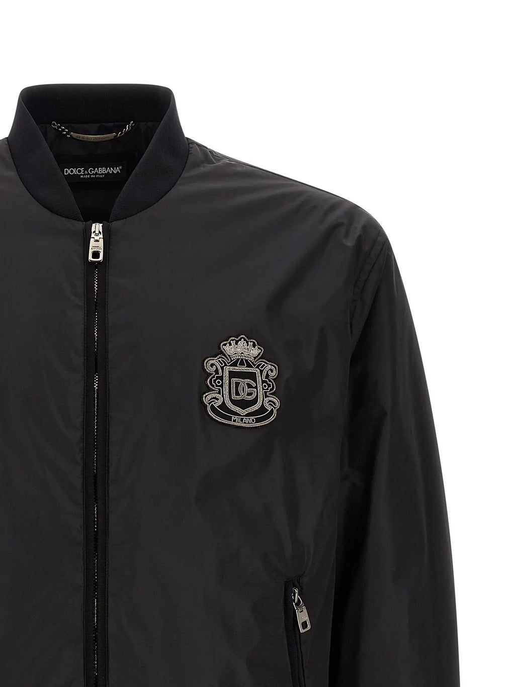 Veste bomber dolce & gabbana noire en polyamide avec écusson brodé argenté sur la poitrine