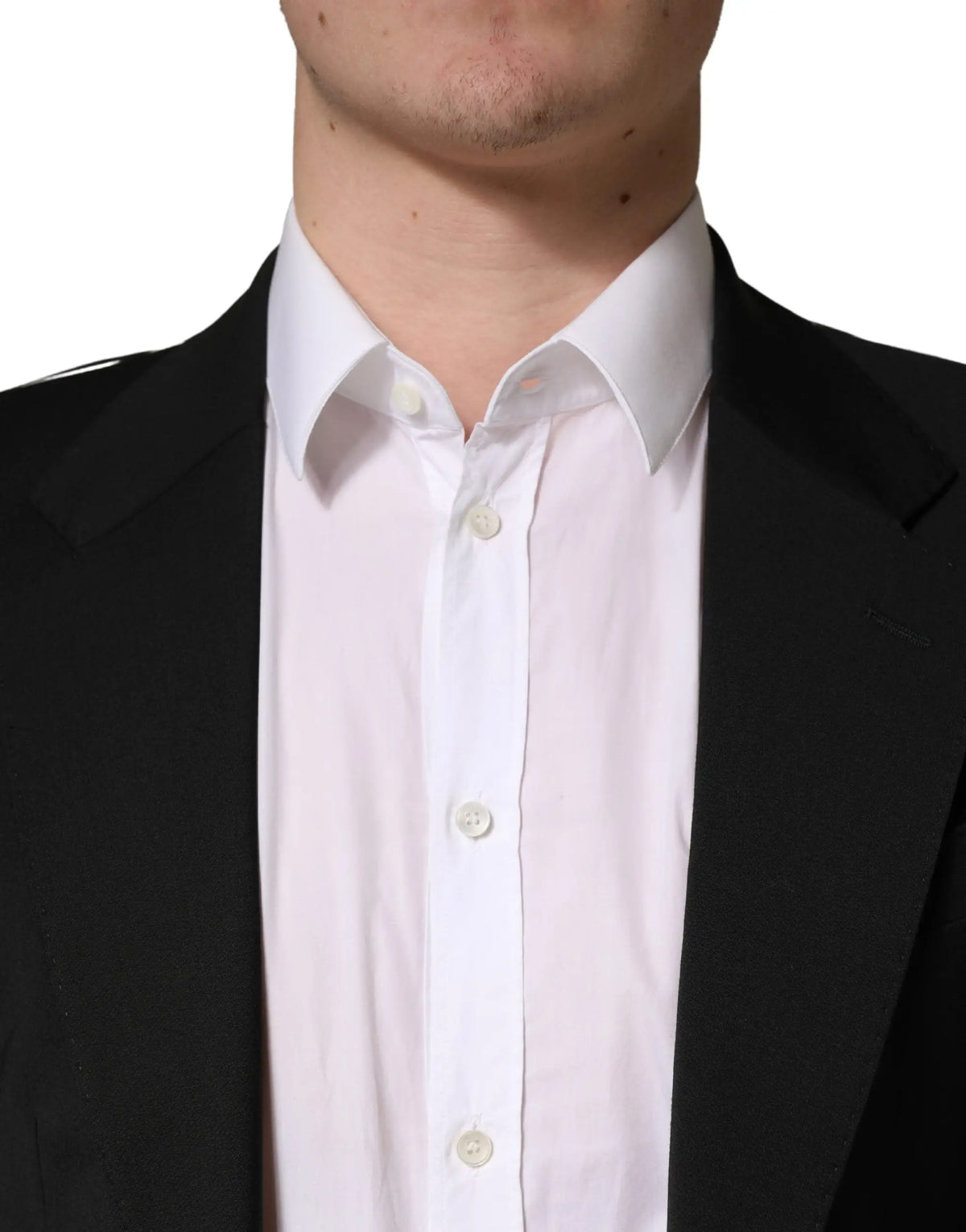Dolce & gabbana veste de costume homme noire en polyester à deux boutons portée avec chemise blanche classique