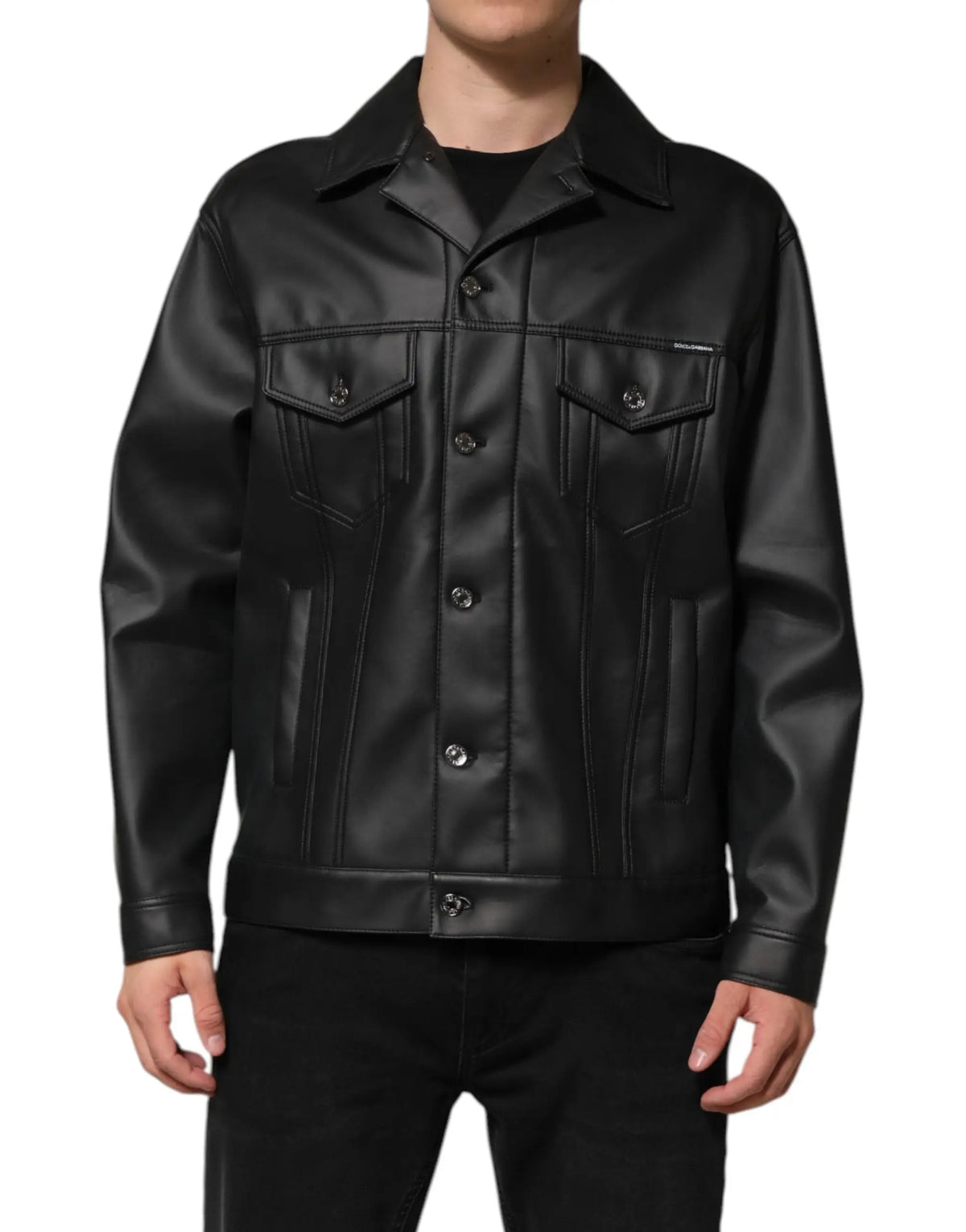 Veste biker noire dolce & gabbana en polyester avec col classique, boutons devant et deux poches poitrine en similicuir