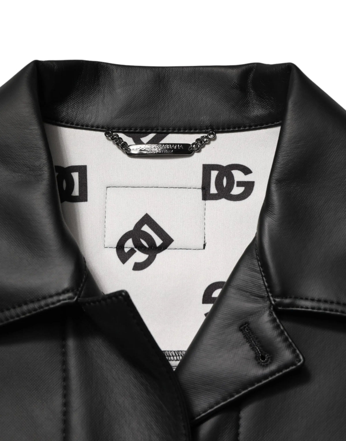 Veste biker noire dolce & gabbana en polyester avec intérieur blanc à logos dg noirs répétés et étiquette chaîne argentée