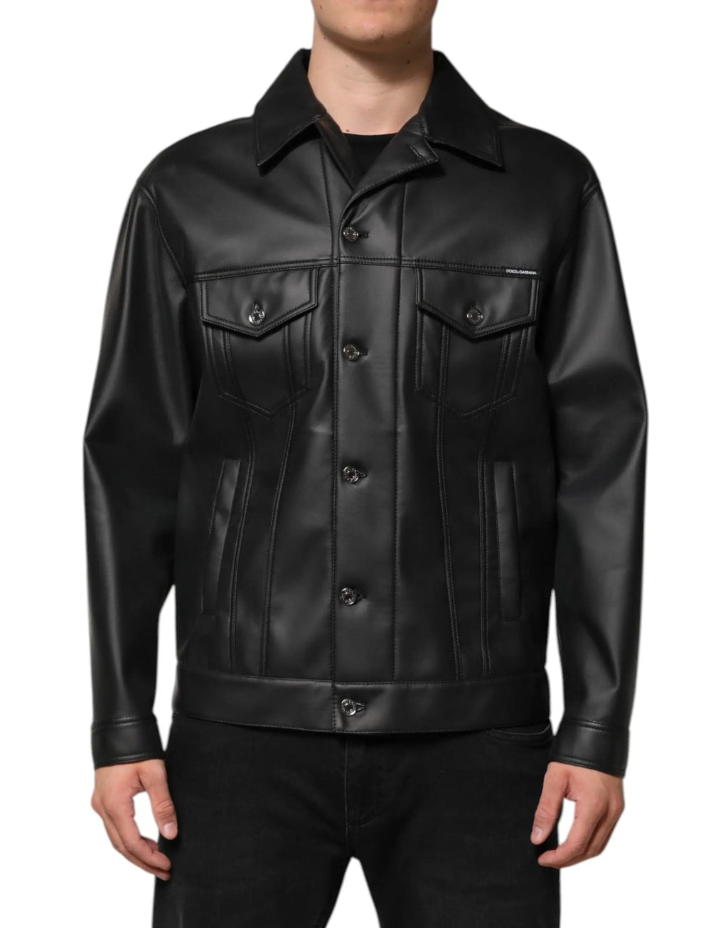 Veste biker noire en polyester dolce gabbana avec col classique, fermeture à boutons et deux poches poitrine en simili cuir