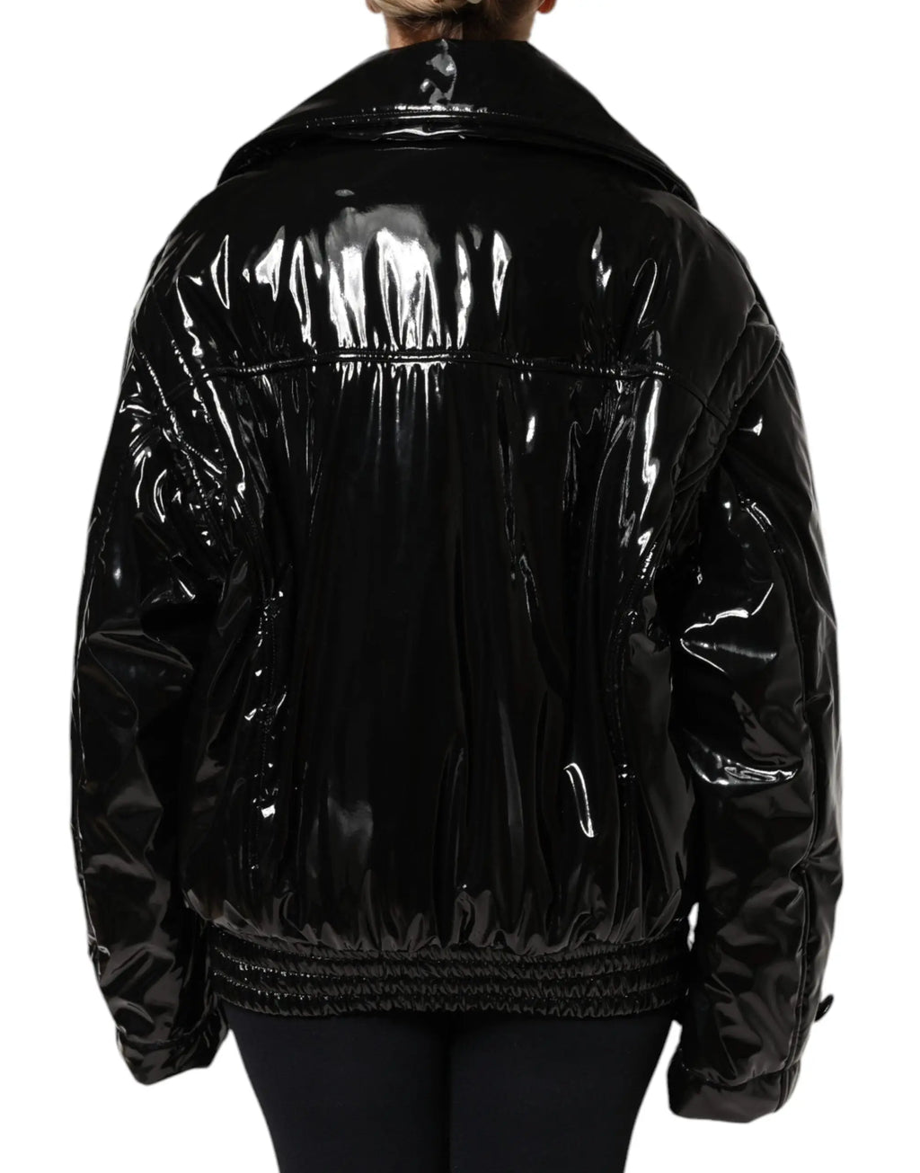 Dolce gabbana veste noire en polyester bouton blouson avec col montant et taille élastiquée en matelassé brillant