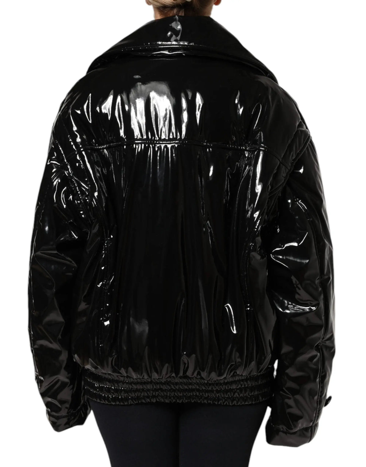 Dolce gabbana veste noire en polyester bouton blouson avec col montant et taille élastiquée en matelassé brillant