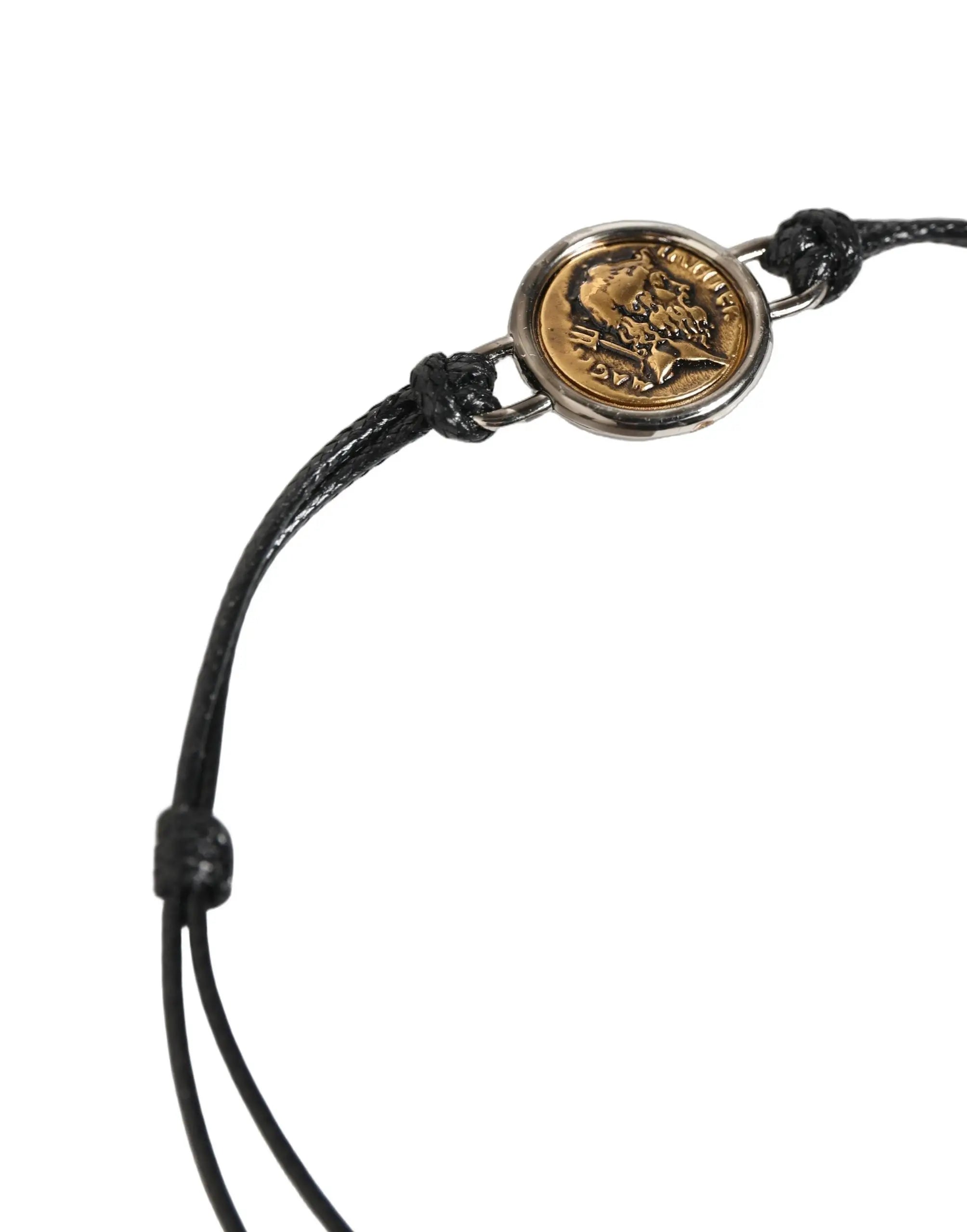 Bracelet en corde noire dolce gabbana avec cadre argenté et pièce antique dorée gravée style romain