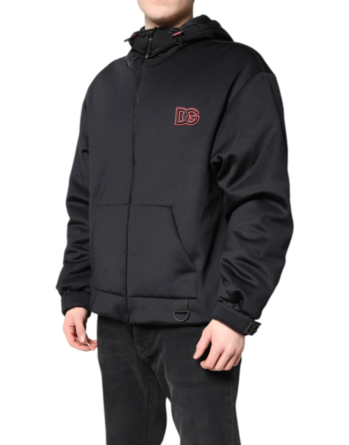 Veste noire dolce gabbana en polyester avec capuche et zip intégral logo dg rouge brodé sur la poitrine
