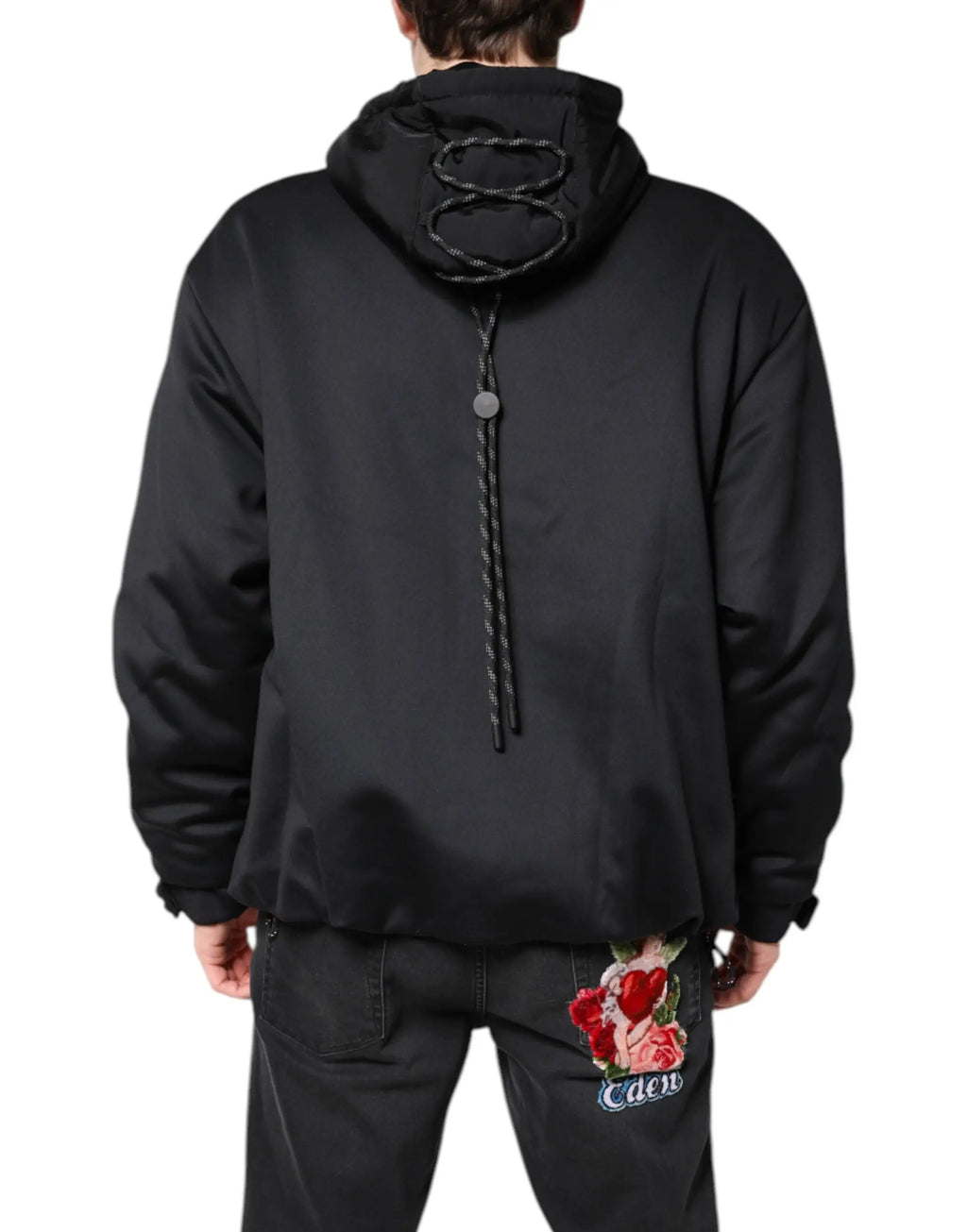 Veste noire dolce & gabbana en polyester avec zip intégral, capuche, détail laçage au dos et broderie rose côté gauche