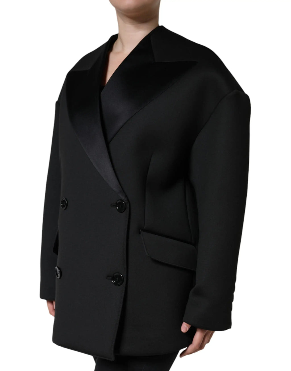 Dolce & Gabbana blazer noir double boutonnage en polyester avec revers en satin et boutons noirs mats