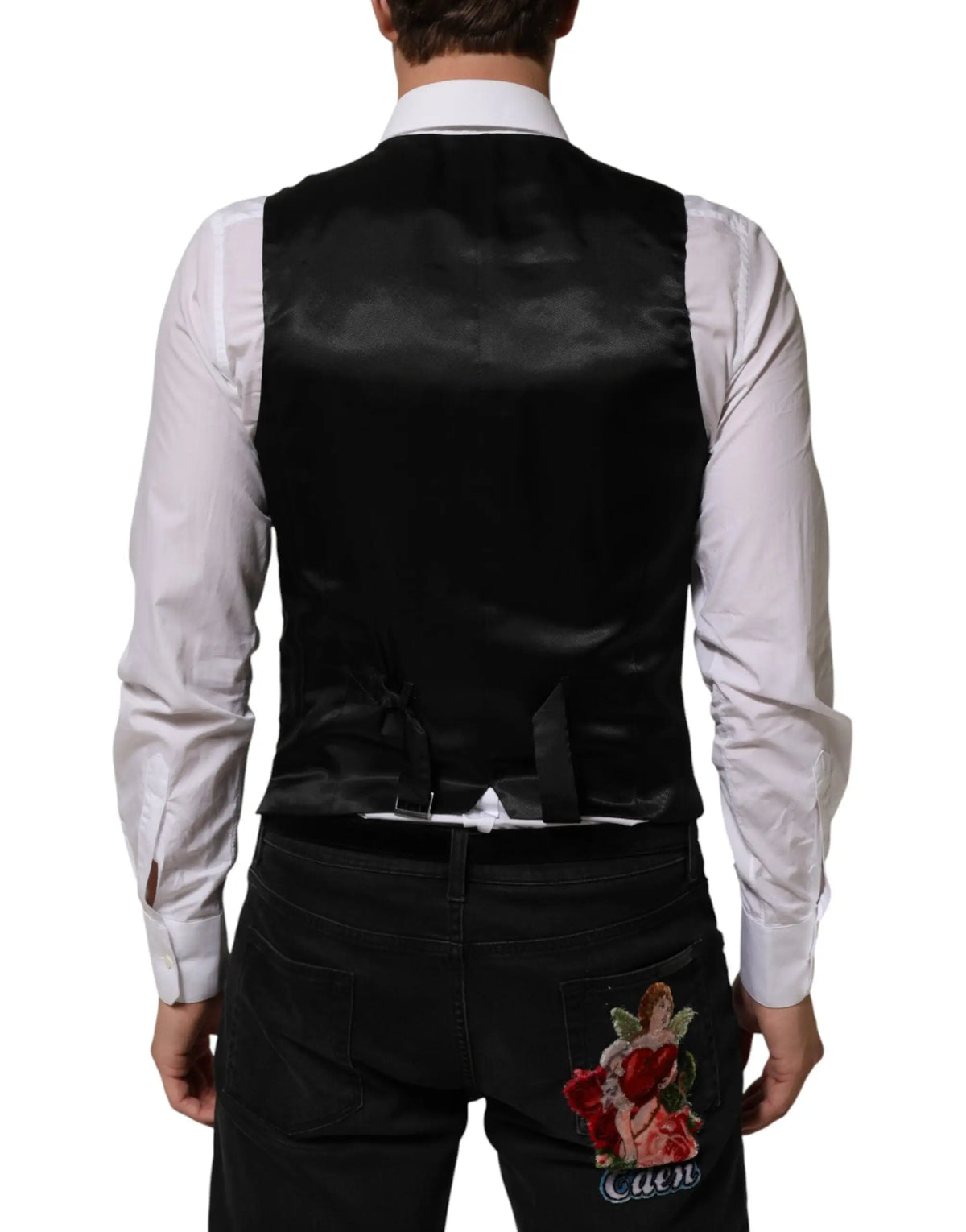 Dolce & gabbana black polyester formal waistcoat vest with glossy satin finish and embroidered angel motif on back