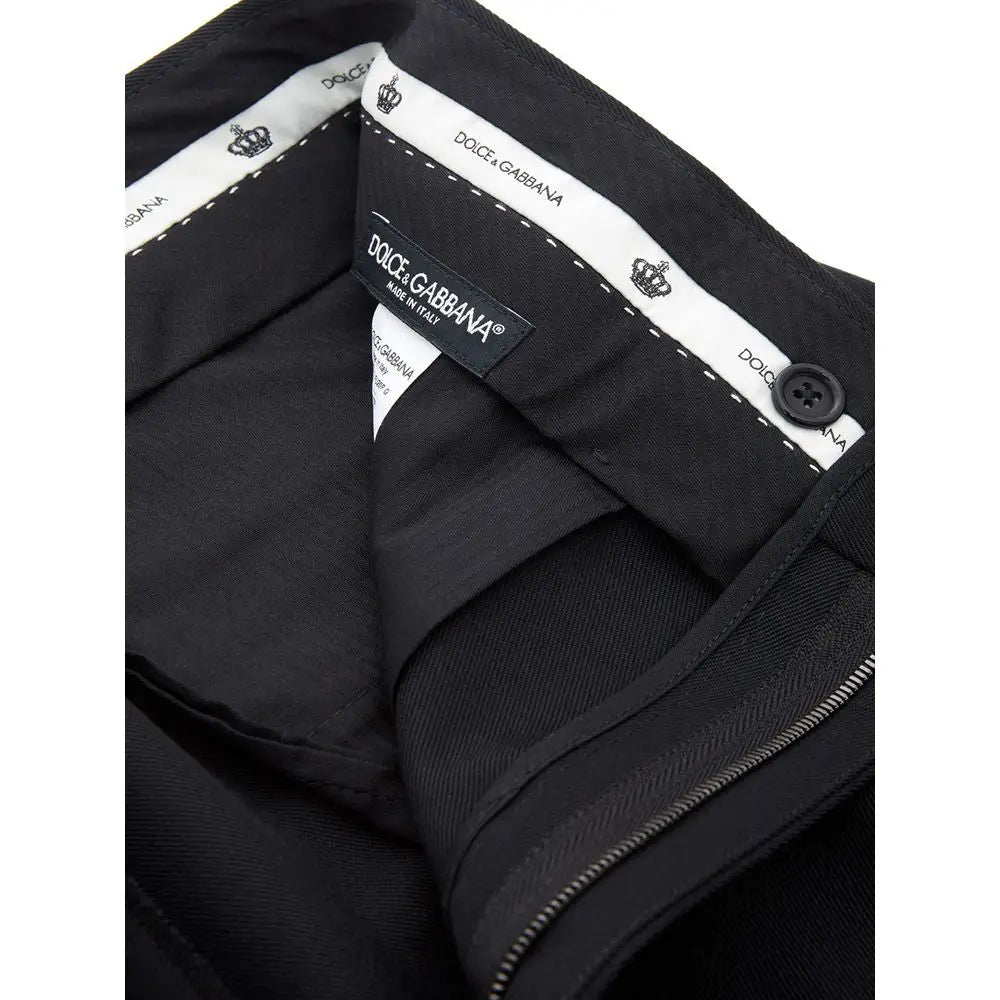 Pantalon habillé noir dolce & gabbana en polyester avec design ajusté, couture blanche subtile et logo couronne