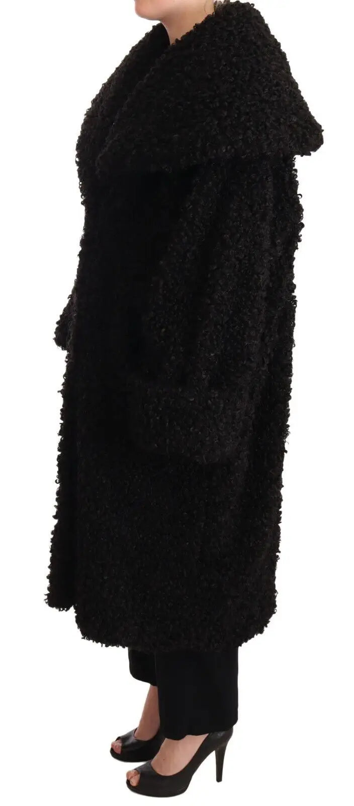 Manteau trench en fausse fourrure noire dolce gabbana en polyester avec col large et manches longues en peluche