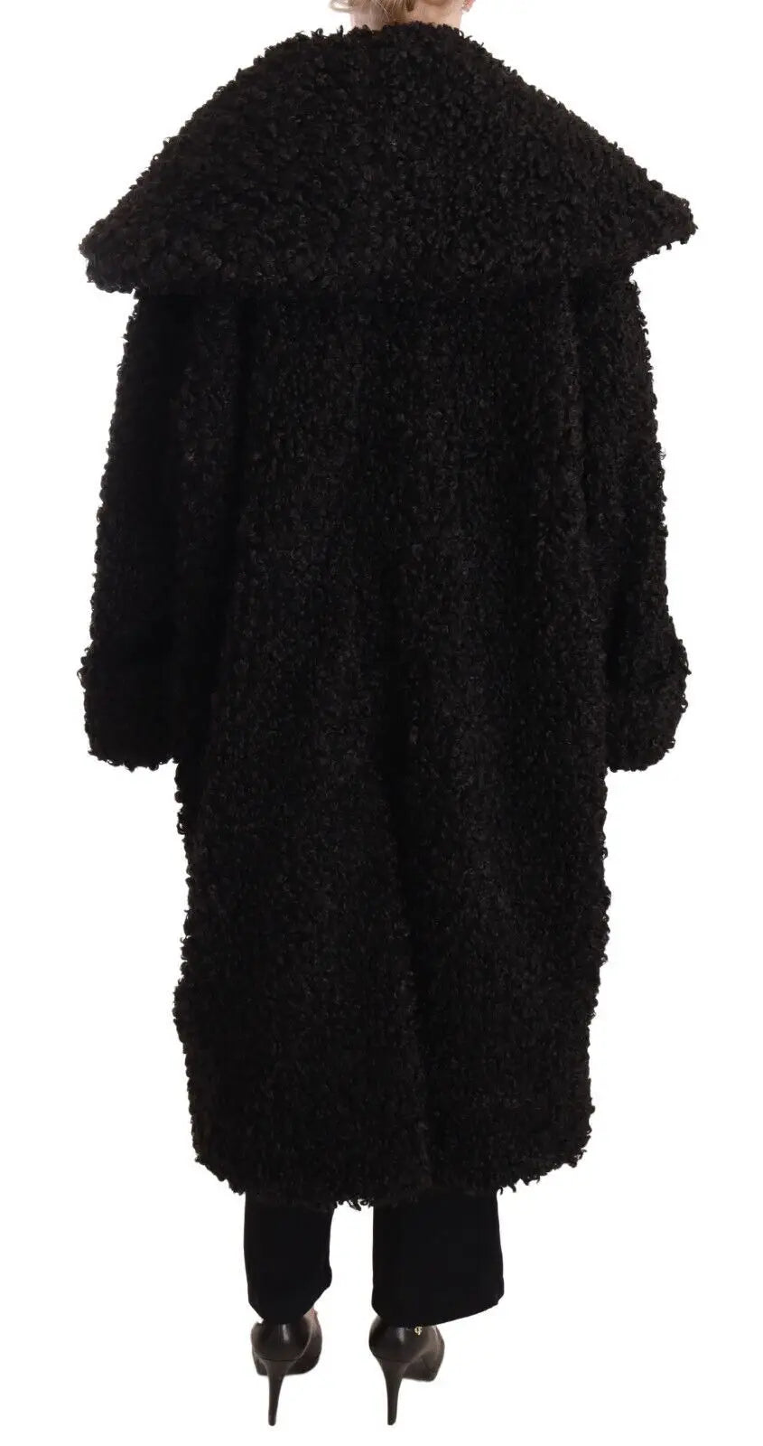 Dolce & Gabbana manteau trench noir en polyester avec col large et duveteux en fourrure synthétique