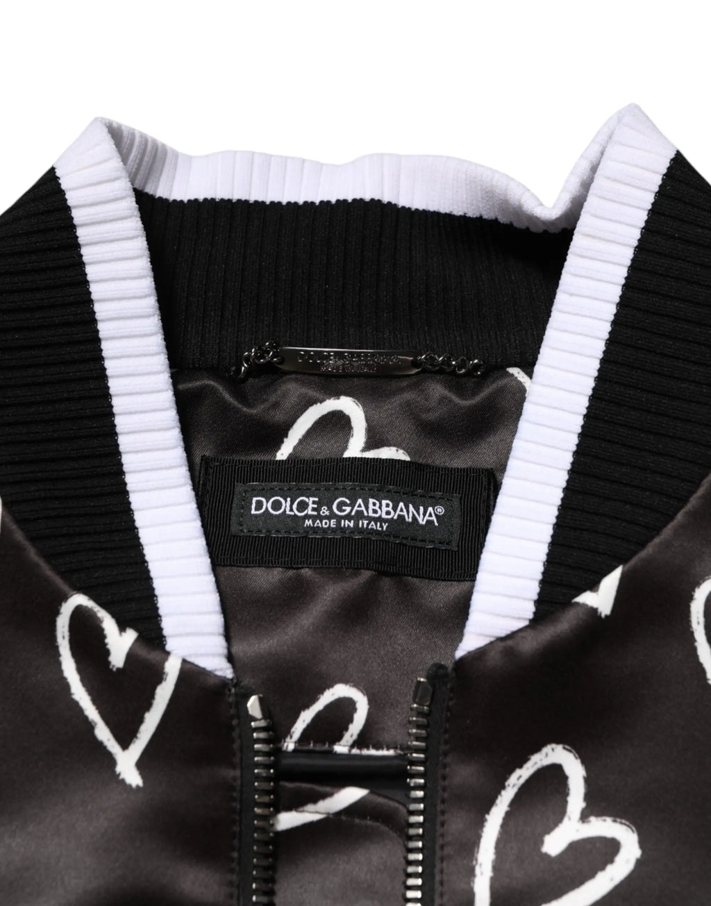 Veste bomber noire dolce gabbana en polyester avec imprimé cœur blanc graffiti et col côtelé
