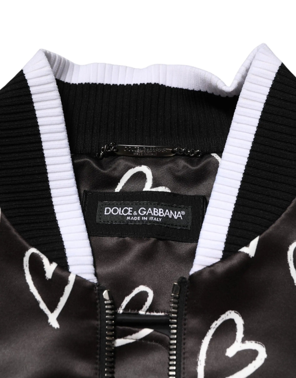 Veste bomber noire dolce gabbana en polyester avec imprimé cœur blanc graffiti et col côtelé