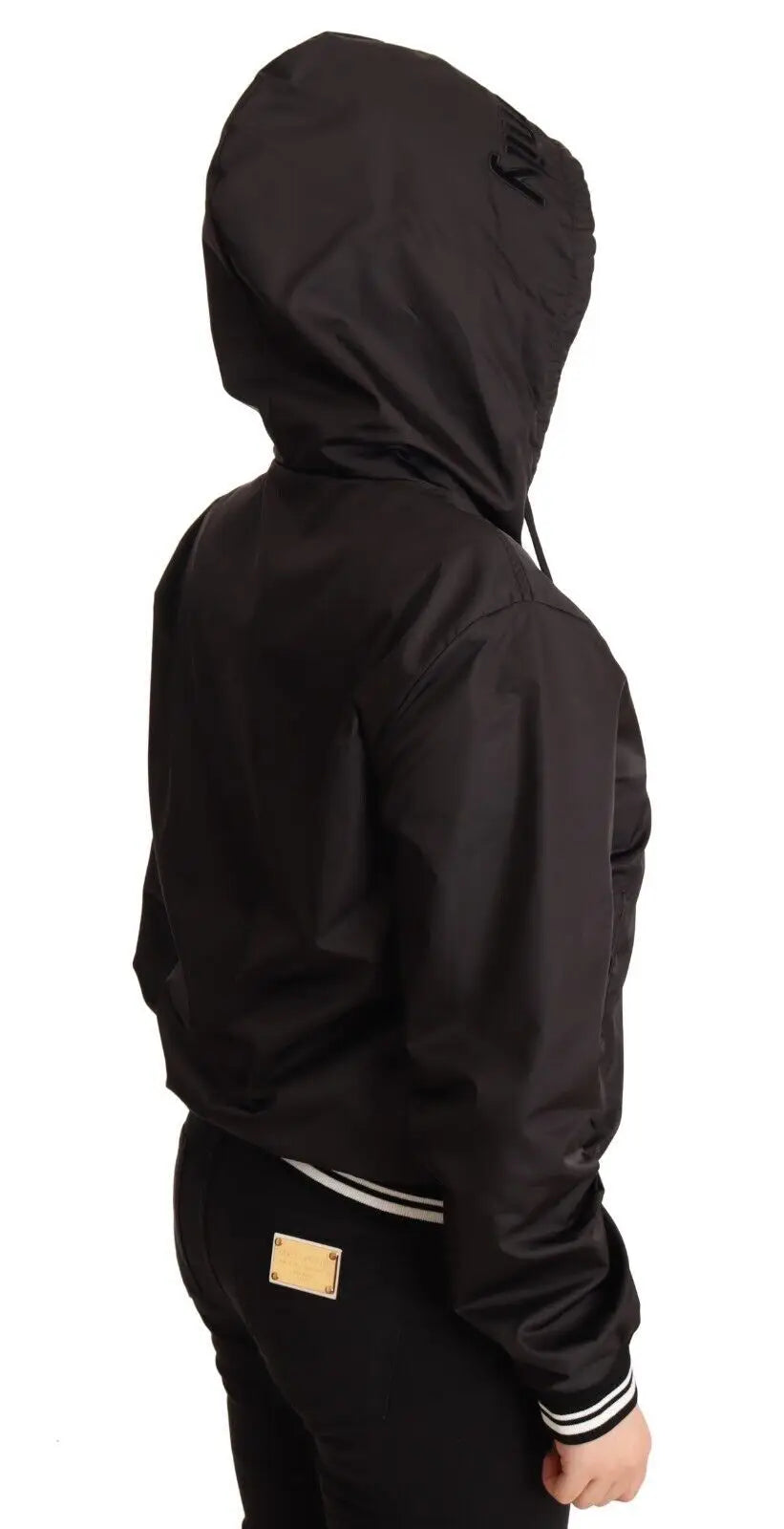 Veste bomber à capuche noire dolce & gabbana en polyester avec poignets rayés blancs et patch doré au dos