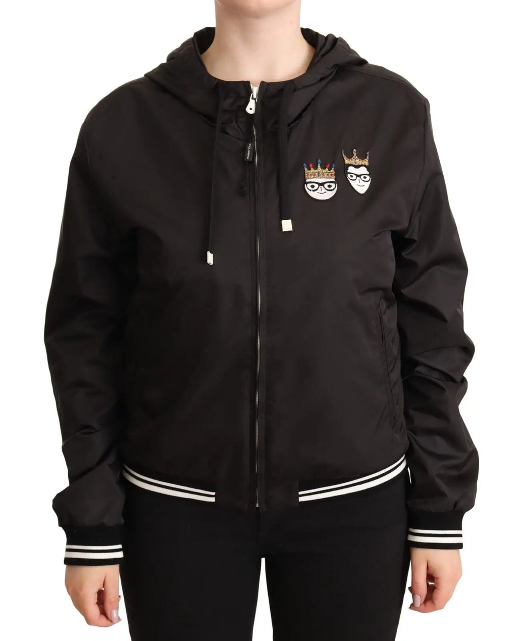 Dolce & Gabbana blouson aviateur noir en polyester avec capuche et broderies couronne et visage sur la poitrine