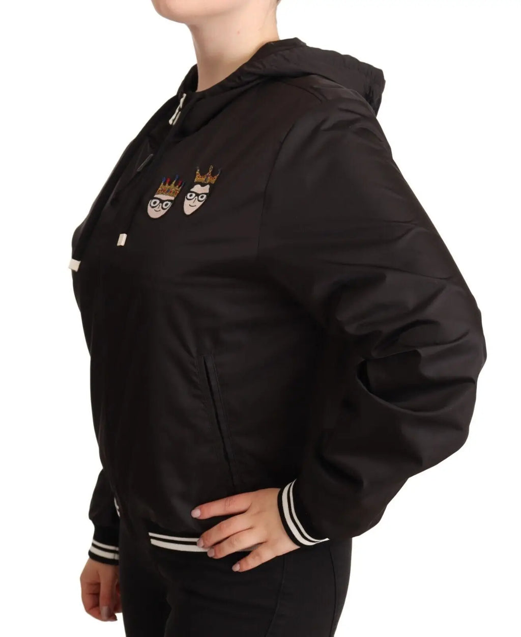 Dolce & gabbana veste bomber noire en polyester avec capuche, logo visage couronné brodé et poignets rayés blancs