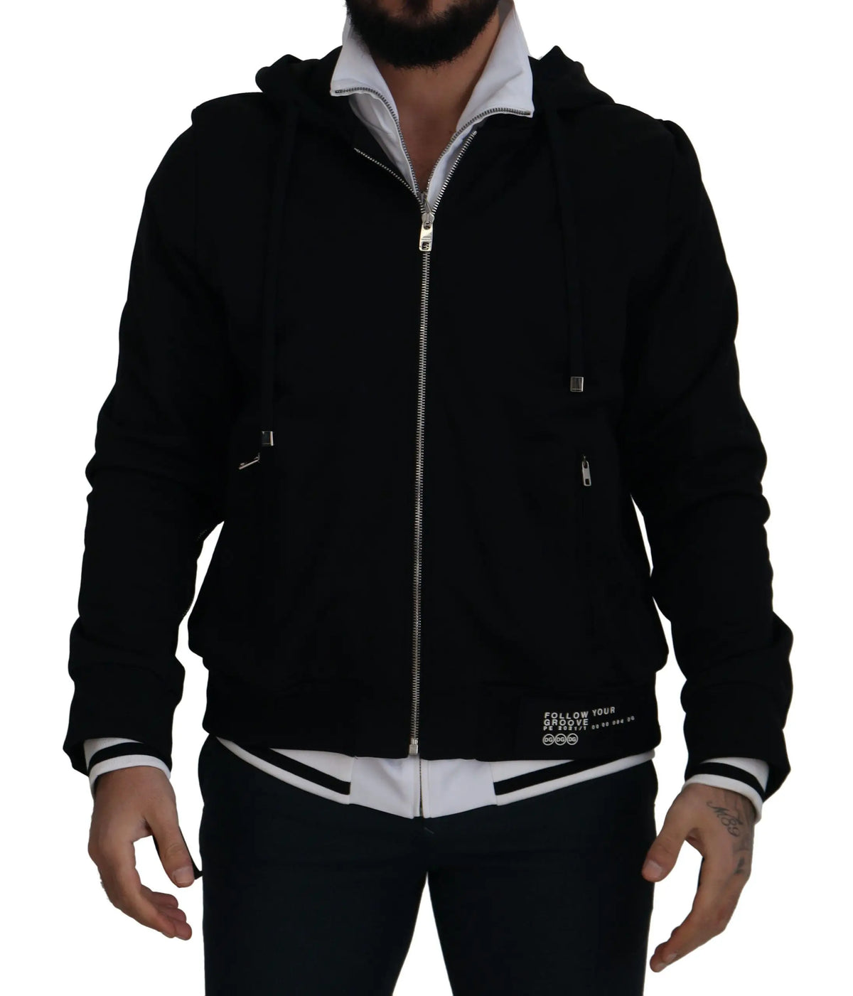 Dolce & gabbana black polyester hooded full zip jacket with white trim at collar cuffs and waistband