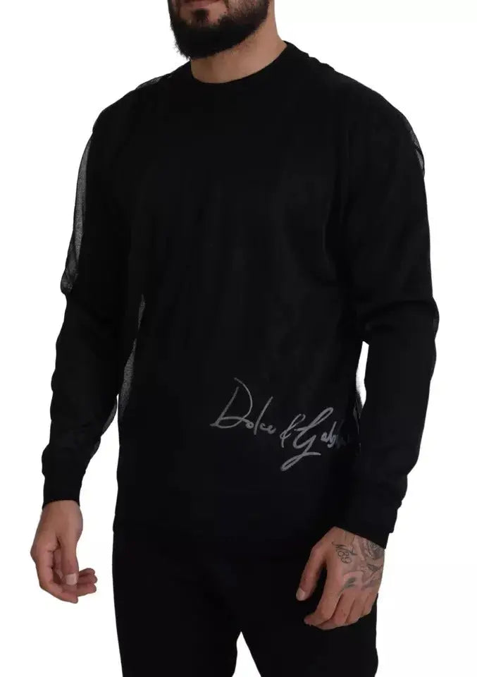 Sweatshirt noir dolce gabbana en polyester pour homme avec panneaux en mesh transparents et logo argenté poitrine