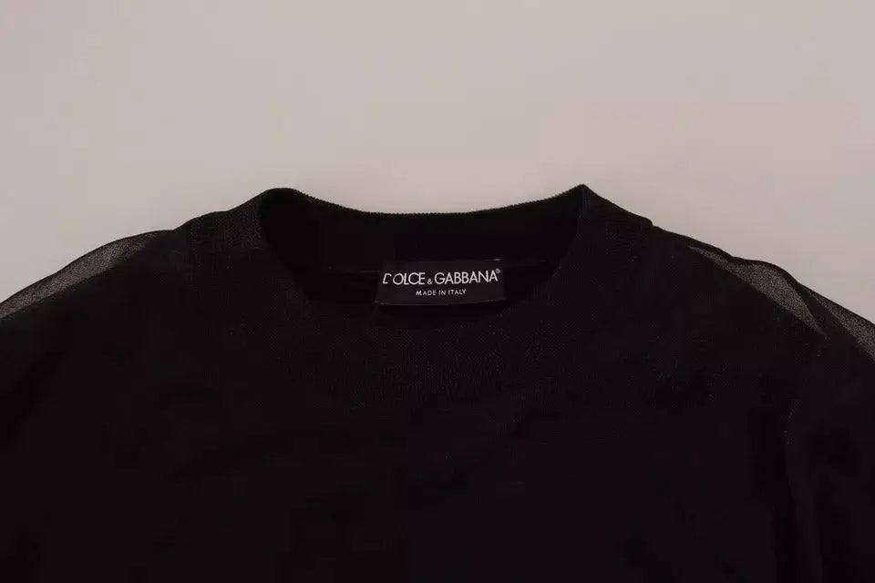 Dolce & gabbana pull noir en polyester pour homme avec manches en maille transparente et col côtelé