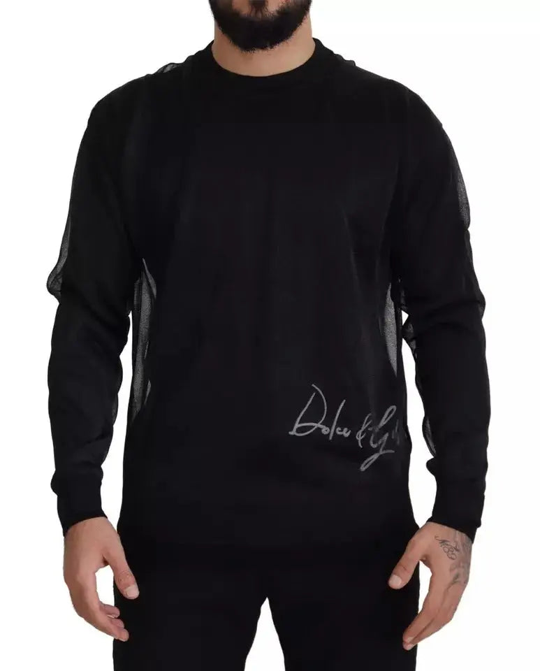 Pull over homme dolce & gabbana noir en polyester avec panneaux en mesh transparent et logo signature argenté sur la poitrine