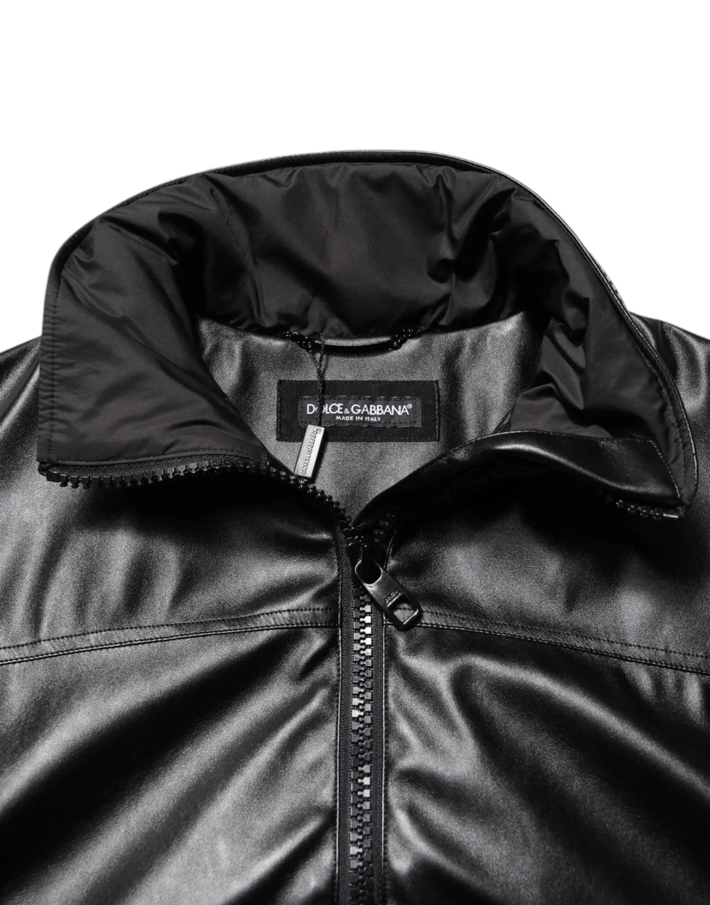 Veste bomber dolce & gabbana noire en polyester avec plaque logo, cuir synthétique brillant et col haut