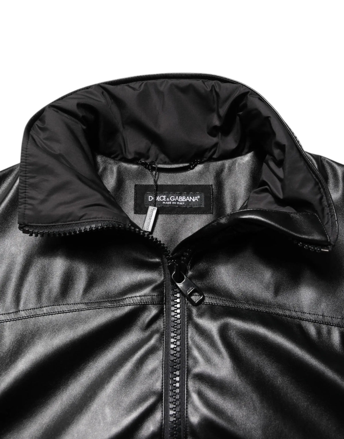Veste bomber dolce & gabbana noire en polyester avec plaque logo, cuir synthétique brillant et col haut