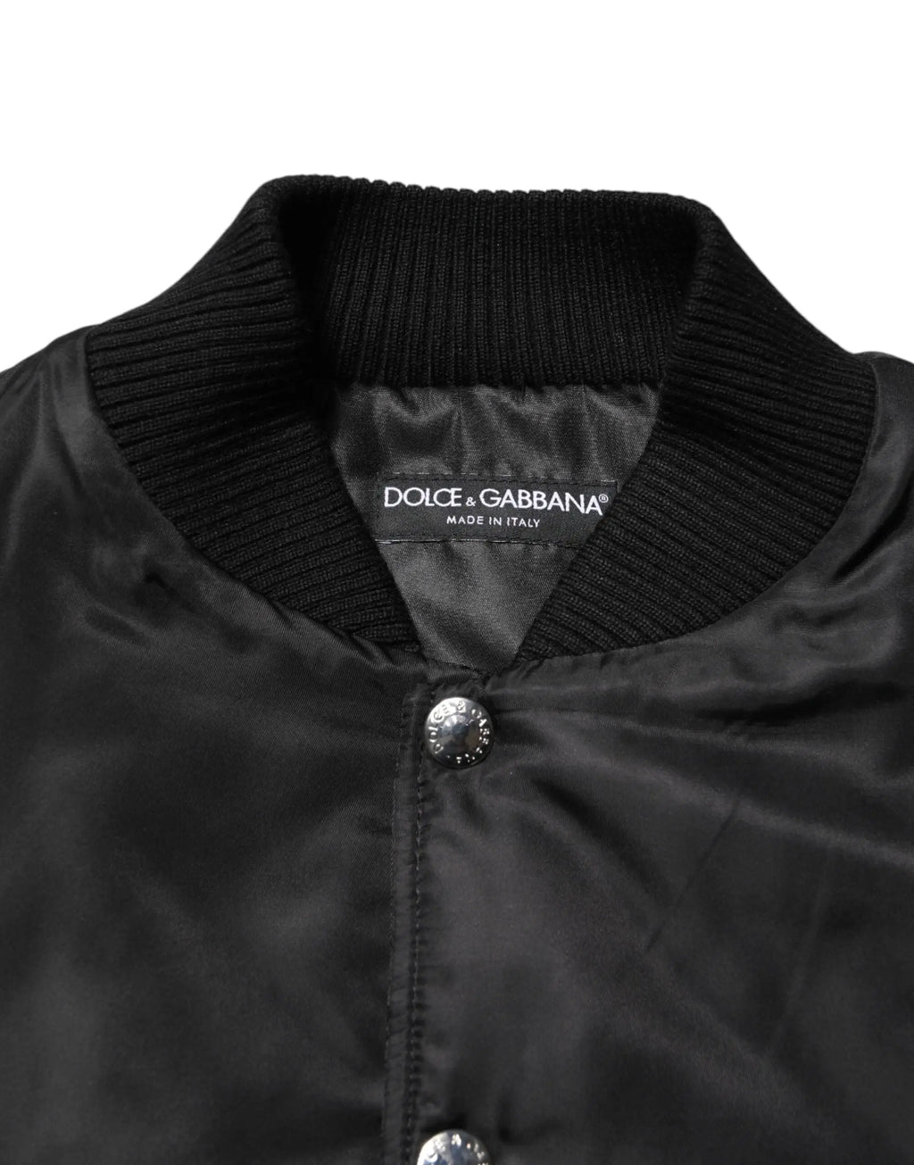 Veste bomber noire dolce & gabbana en polyester avec finition satinée et col côtelé logo plaque visible