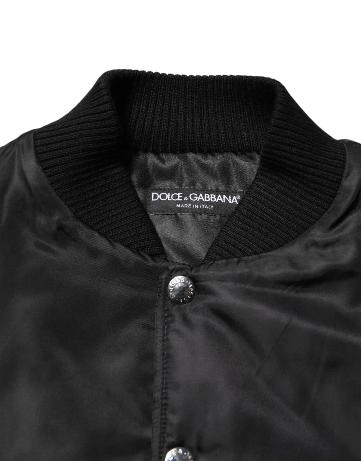 Veste bomber noire dolce & gabbana en polyester avec finition satinée et col côtelé logo plaque visible