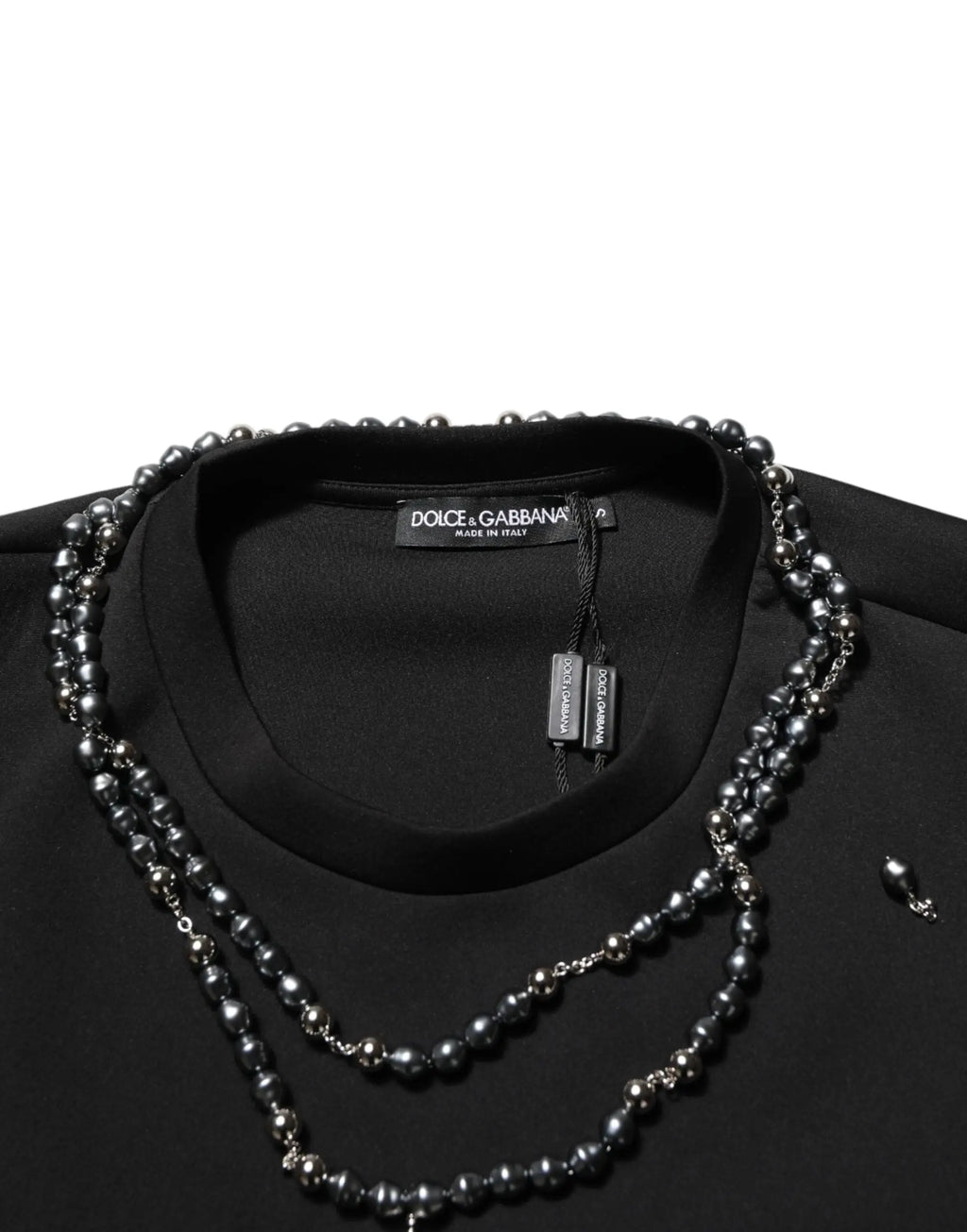 Collier dolce & gabbana noir en polyester avec perles noires et chaine argentée à design superposé