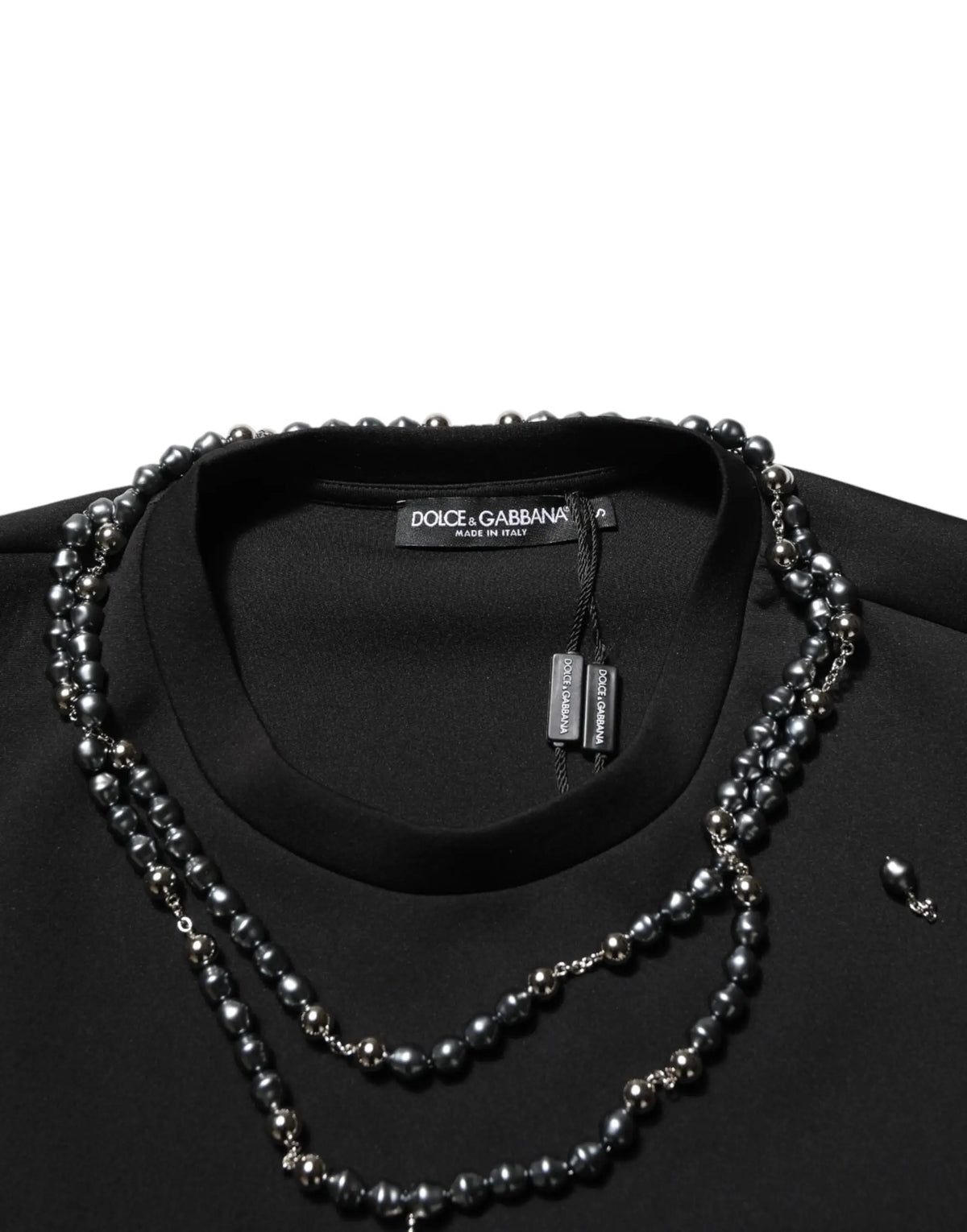 Collier dolce & gabbana noir en polyester avec perles noires et chaine argentée à design superposé