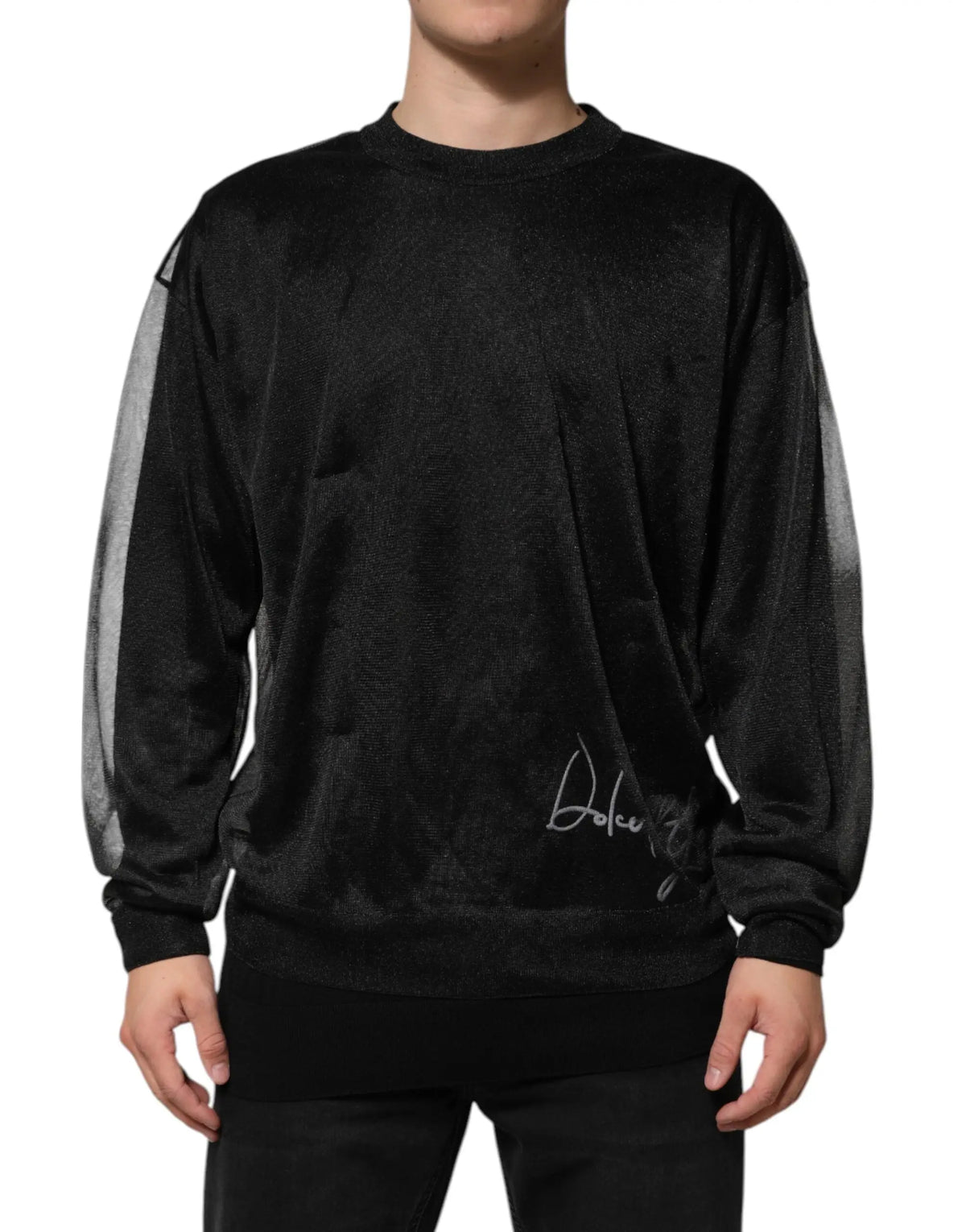 Sweatshirt noir en velours dolce gabbana en polyester avec manches en mesh transparent et signature argentée subtile