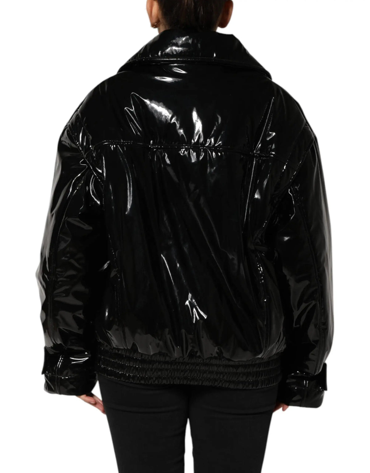 Dolce & gabbana veste noire matelassée en polyester avec col montant et poignets élastiqués en finition brillante